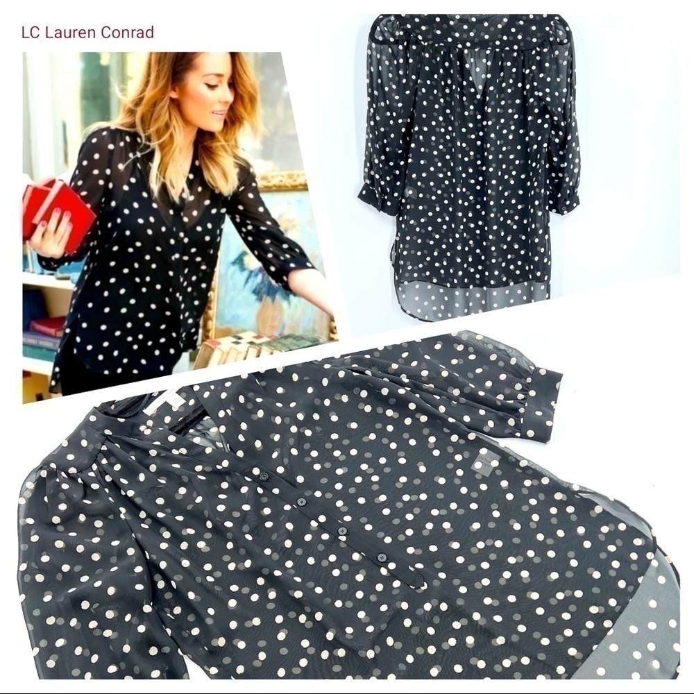 Lauren Conrad Black & Ivory  Sheer Polka Dot Top size XS